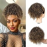 Jolelyne Short Brown Curly Messy Bun Drawstring Ponytail Extensions for Black Women Synthetic Ombre Blonde Curly Ponytail Extension Brown Afro Drawstring Ponytali Hair Piece for Women 1B/27#
