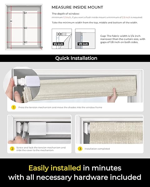 NO TOOLS NO DRILL CORDLESS ROMAN SHADES FOR INDOOR WINDOWS 100% BLACKOUT, FOR WINDOW SIZE 20″ W × 64″ H BEIGE