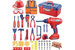 Kids Tool Set, MAGIC4U 49PCS Toddler Tool Set with Electronic Toy Drill,Tape Measure 12 Tool Equipment,Pretend Play Construction Costume with Safety Vest Hat,Toy Tool Box for Kids Boy Girl Age 3-8