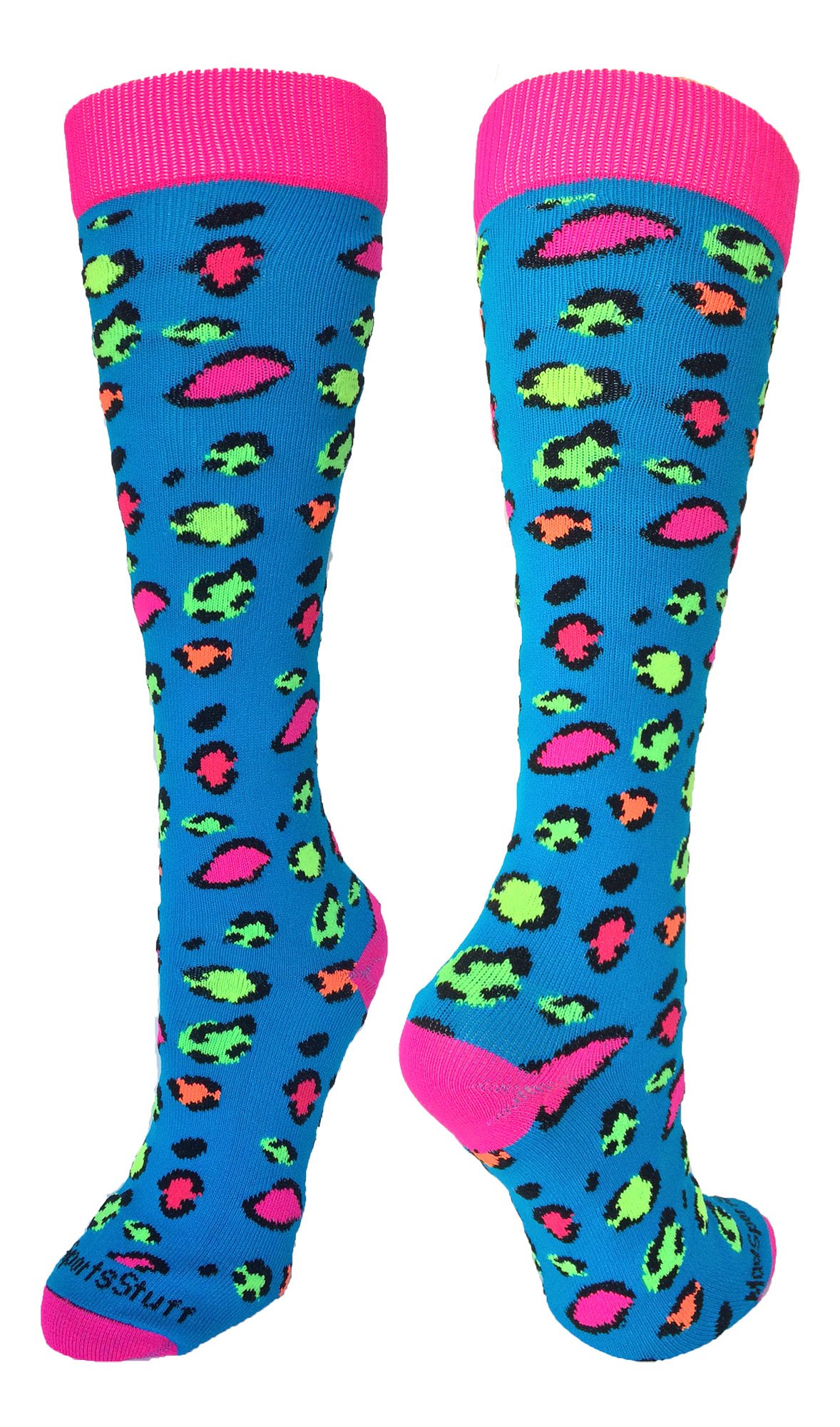 MadSportsStuff Calcetines exóticos de leopardo sobre la pantorrilla (leopardo neón, pequeño)