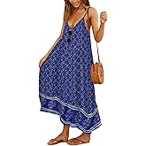 Angashion Women's Dresses Floral Adjustable Spaghetti Strap V Neck Boho Long Maxi Dress Summer Beach Flowy Ethnic Sundress