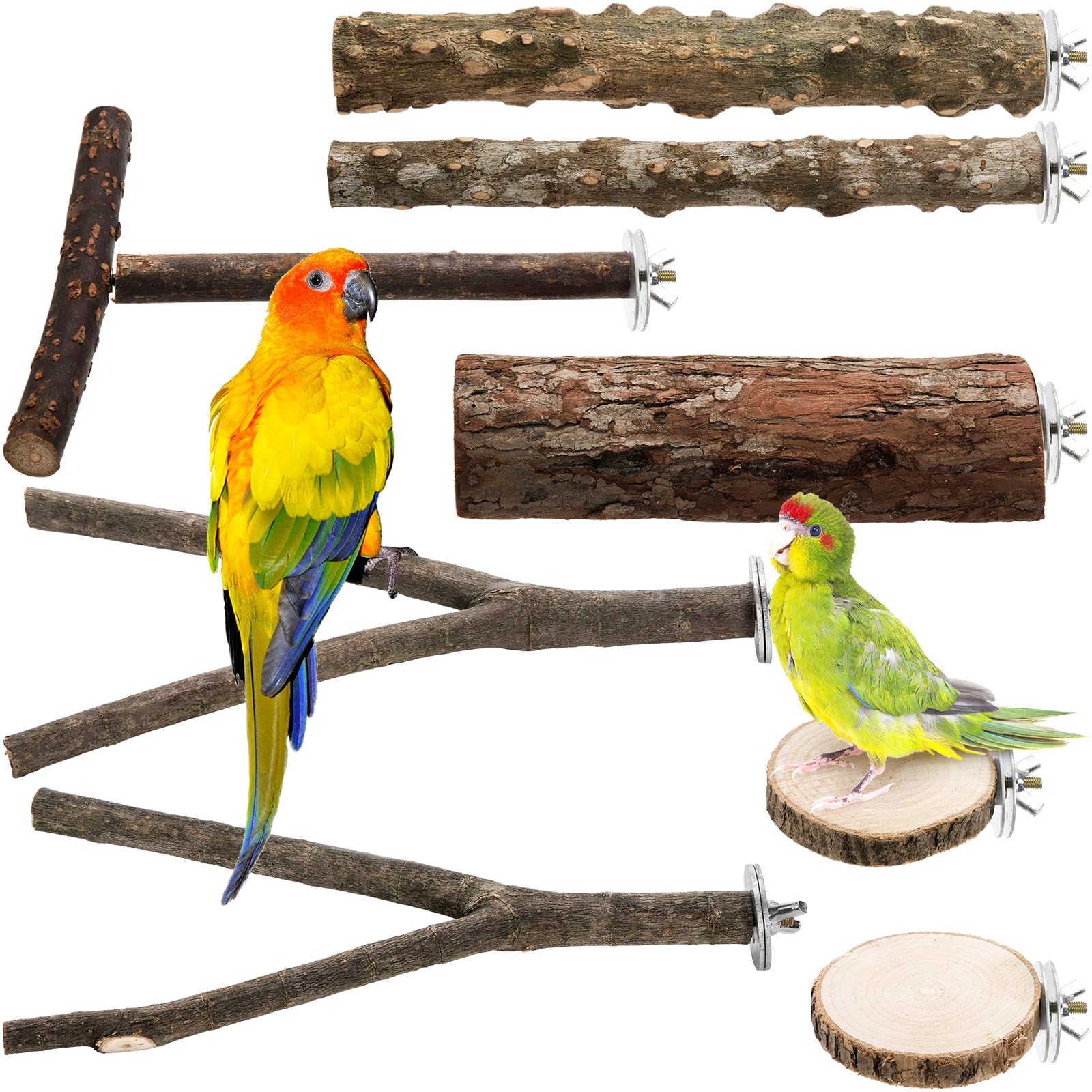 Okllen Set of 8 Natural Wood Bird Perches, Parrot Stand Platform, Parakeet Toys & Branches for Small Birds Conure, Chinchilla, Parakeet, Budgie, Cockatiel