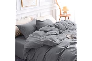 NEXHOME PRO Cotton Duvet Cover Set Kids Twin Size Linen Look Textured Organic Natural 100% Washed Cotton Duvet Cover 2 Pieces Bedding Set with Zipper Closure, Breathable, Soft, Grey (No Comforter)
