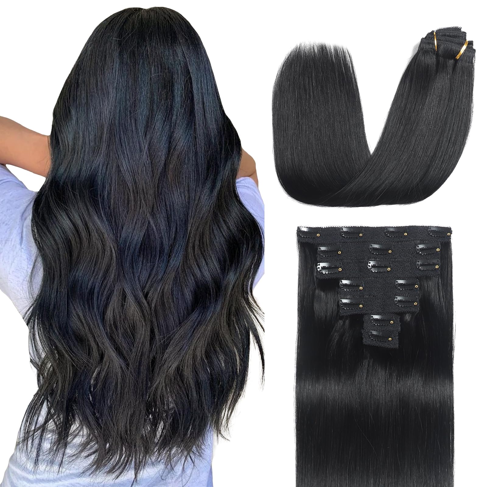 Photo 1 of *Minor Damage*
Sisily Clip in Hair Extensions Real Human Hair, 20 inch 120g, Jet Black, 100% Brazilian Remy Human Hair Clip in Extensions Soft Straight 7pcs Per Set with 16 Clips Double Weft