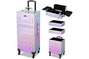 BYOOTIQUE Rolling Makeup Train Case 4in1 Cosmetic Trolley Organizer Travel Case Lockable Salon Barber Case Traveling Cart Trunk with Detachable Wheels for Makeup Artist Trave Nail, Softening Purple
