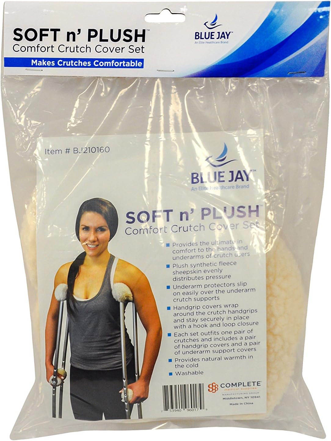 Blue Jay Soft n' Plush Comfort Crutch Cover Set - Comfortable, Natural Warmth, Washable, Stays Securely in Place with A Hook and Loop, Synthetic Sheepskin, Crutch Accessory