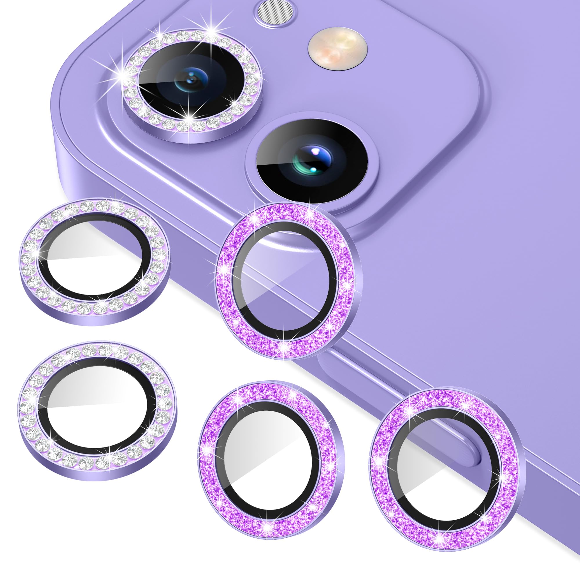 Photo 1 of AGVEE 3+3 6 Pack Camera Lens Cover Protector for iphone 12 Series & 11 Series - Bling Diamond & Glitter Metal Ring 9H Tempered HD Glass, Purple