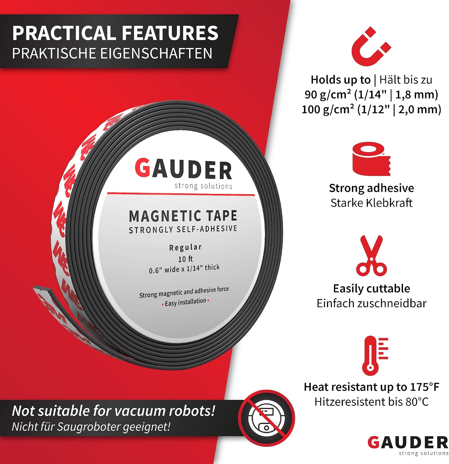 GAUDER Magnetic Tape with 3M Adhesive, Strong Self-Adhesive Magnet Strip - Image 3