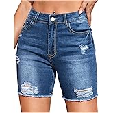 Verdusa Women's Ripped Jean Shorts Raw Hem Skinny Denim Jorts with Pockets Summer Streetwear