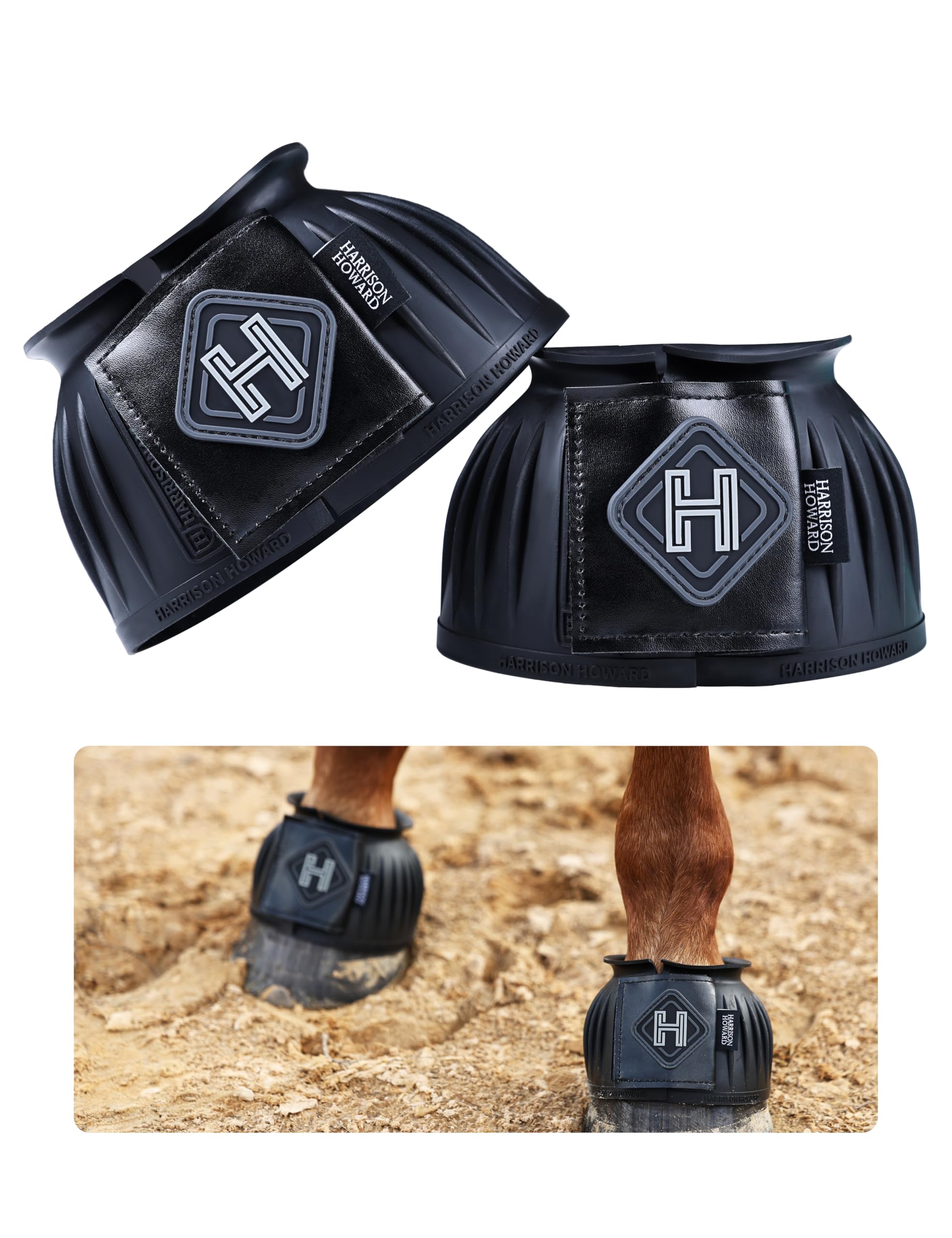 Photo 1 of Harrison Howard Rubber Bell Boots Leather Touch-Close Overreach Boots Hoof Protection for Horses Sold in Pairs Black L