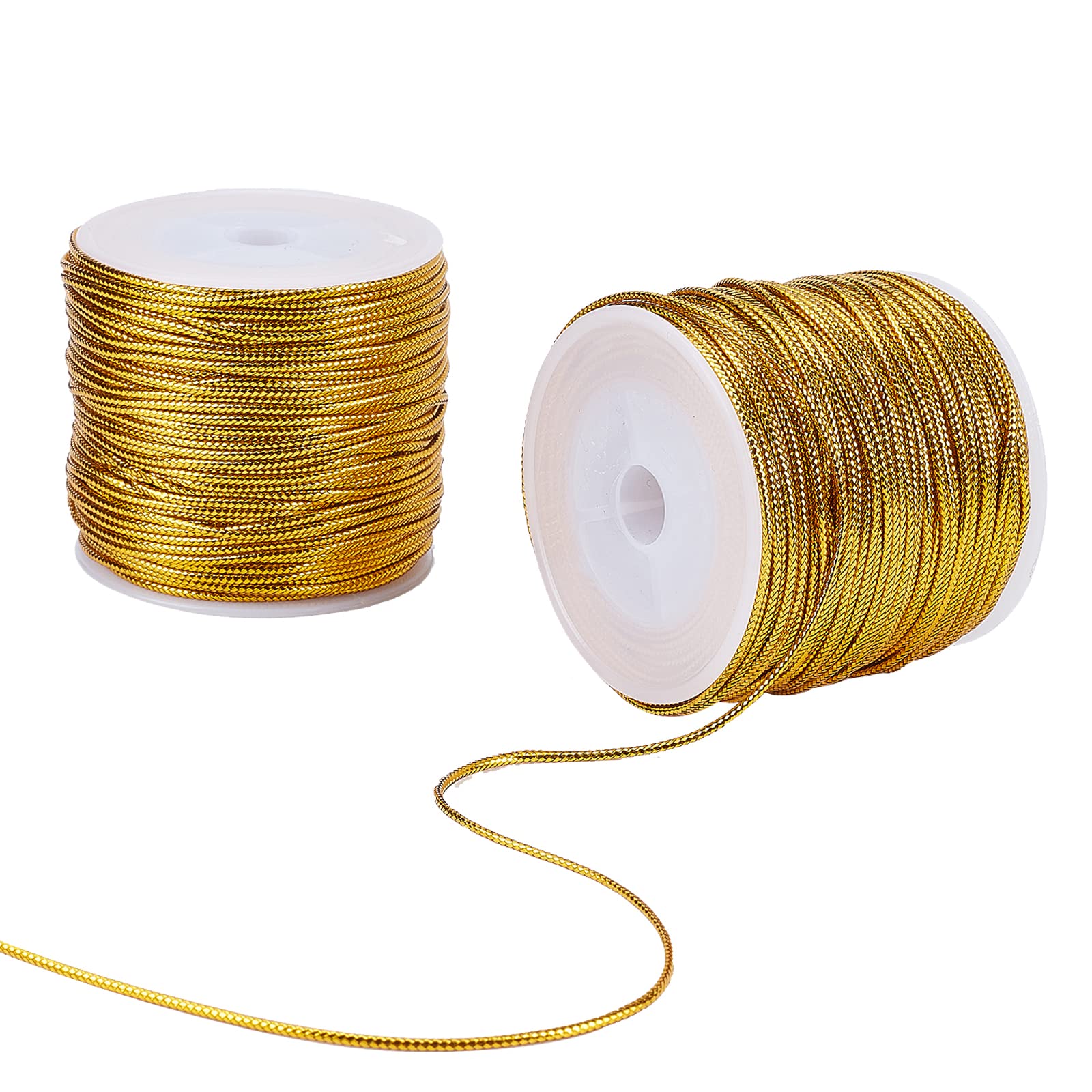 PandaHall 50m/Roll Gold Cord, 2mm Braided Metallic Wire Christmas Cord Garland Chain Inelastic Cords Ornaments Wire for Craft Cards Gift Wrapping Home Ribbon Hanging, 2 Rolls