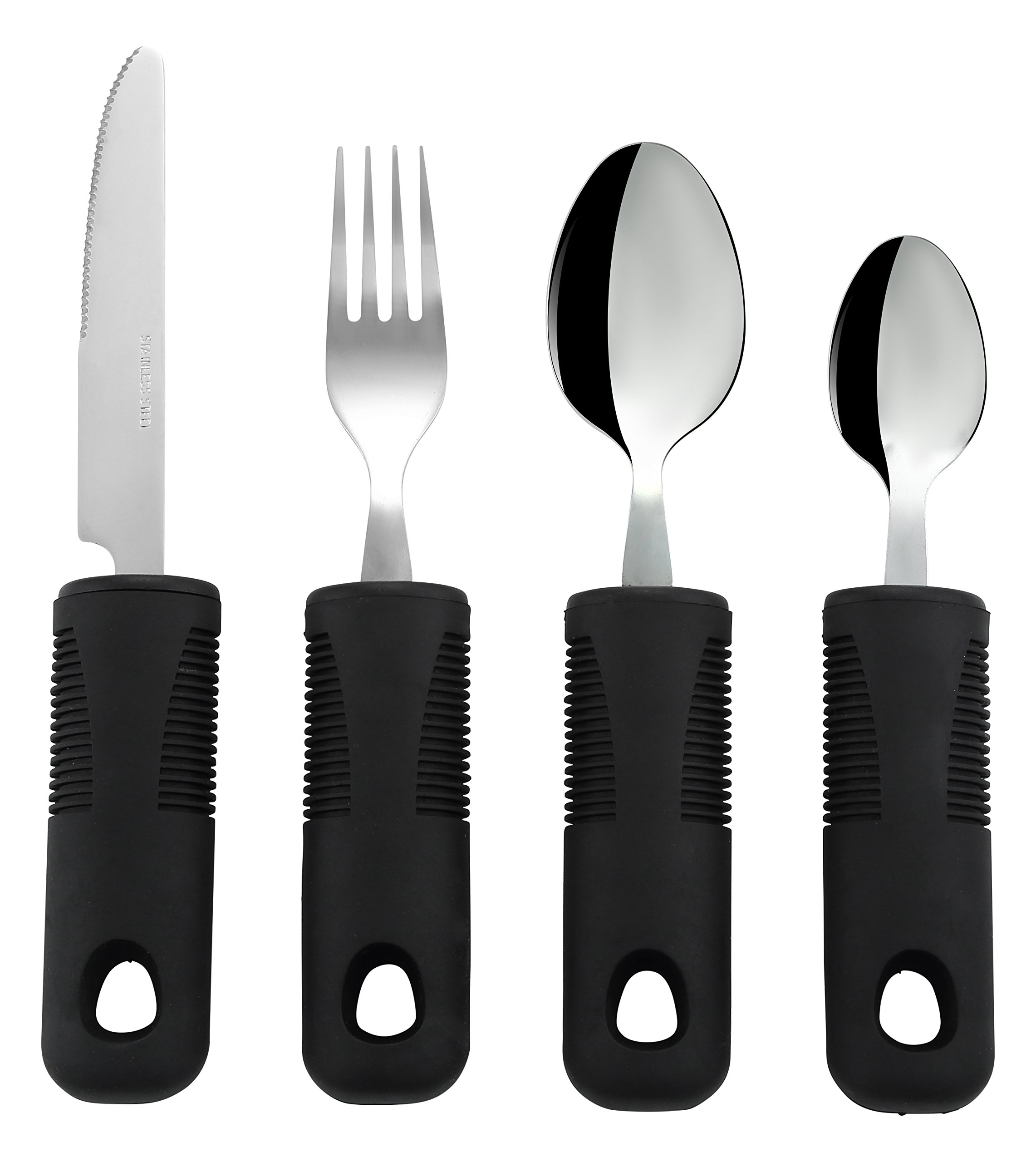 Special Supplies Adaptive Utensils (4-Piece Kitchen Set) Wide, Non-Weighted, Non-Slip Handles for Hand Tremors, Arthritis, Parkinson’s or Elderly use - Stainless Steel Knife, Fork, Spoons - Black