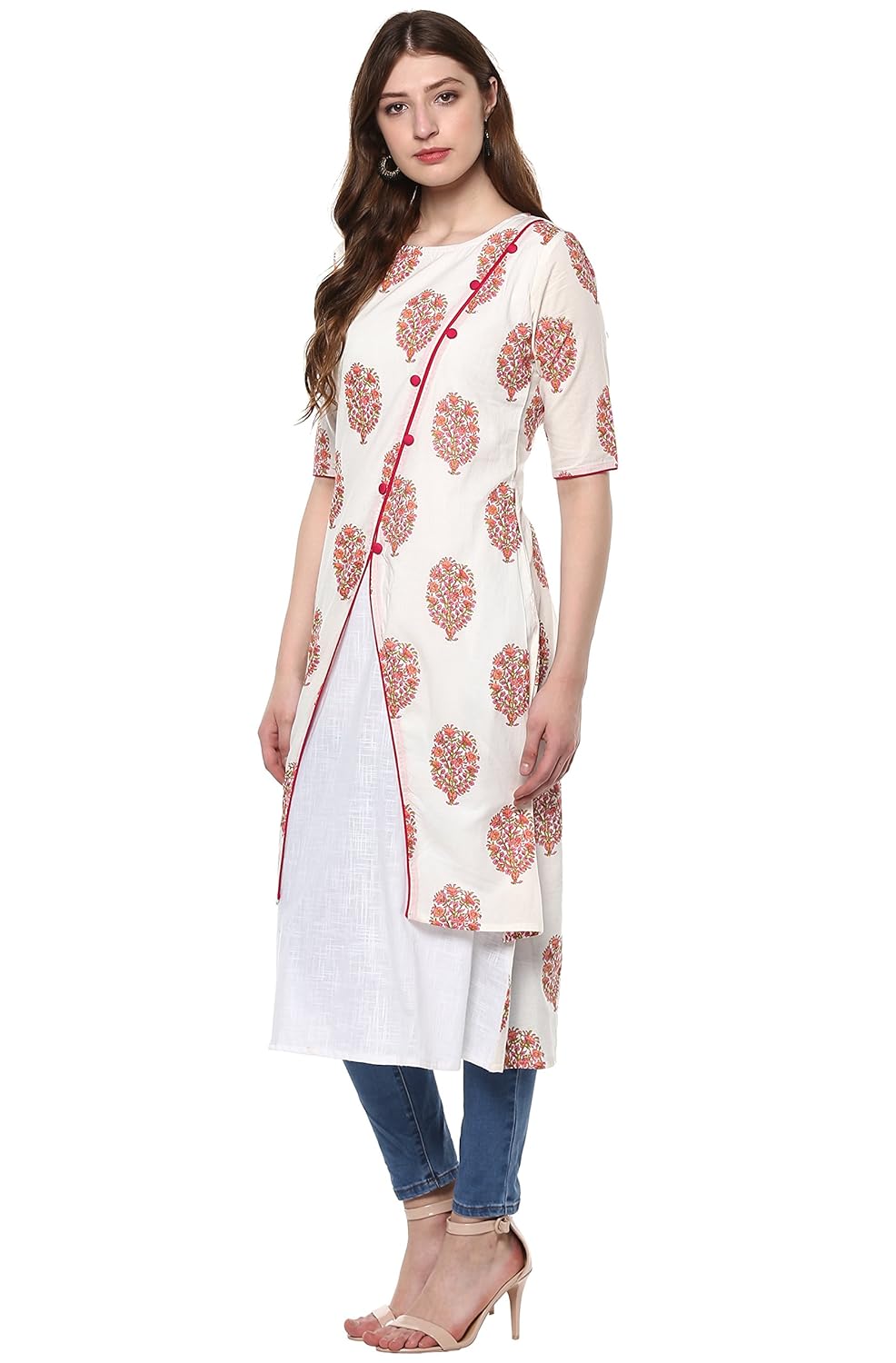 janasya women's white cotton layered floral print kurta