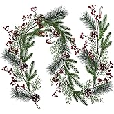 Christmas Artificial Pine Garland with Spruce Cypress Berries Frosted Pinecones Winter Greenery Garland for Holiday Season Mantel Fireplace Table Runner Centerpiece Decoration 6.6 feet