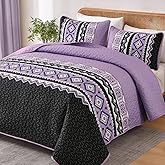 WONGS BEDDING 3 Pieces Quilt Set Queen Size, Purple Quilt Bedspread Lightweight Bohemian Coverlet Set with 2 Pillowcase, Soft Geometry Printed Bedding Set Queen for All Season 96"×90"