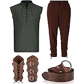 Vabean 4 Pcs Men's Renaissance Costume Set Medieval Sleeveless Pirate Shirt Halloween Viking Costumes