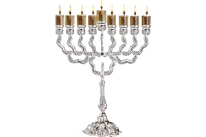 Ner Mitzvah Silver Plated Oil Menorah - Fits Standard Chanukah Oil Cups and Large Candles - Olive Branches - 11.5” High