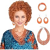 Miss U Hair Women Short Curly Red Orange Wig with Oversized Jewelry Set Halloween Party Wig Outfit