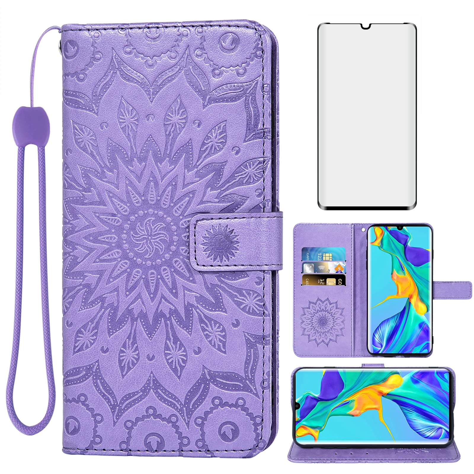Asuwish Phone Case for Huawei P30 Pro Wallet Cases with Tempered Glass Screen Protector and Leather Slim Flip Cover Card Holder Stand Cell Accessories Hawaii P30Pro P 30 Pro30 Women Purple
