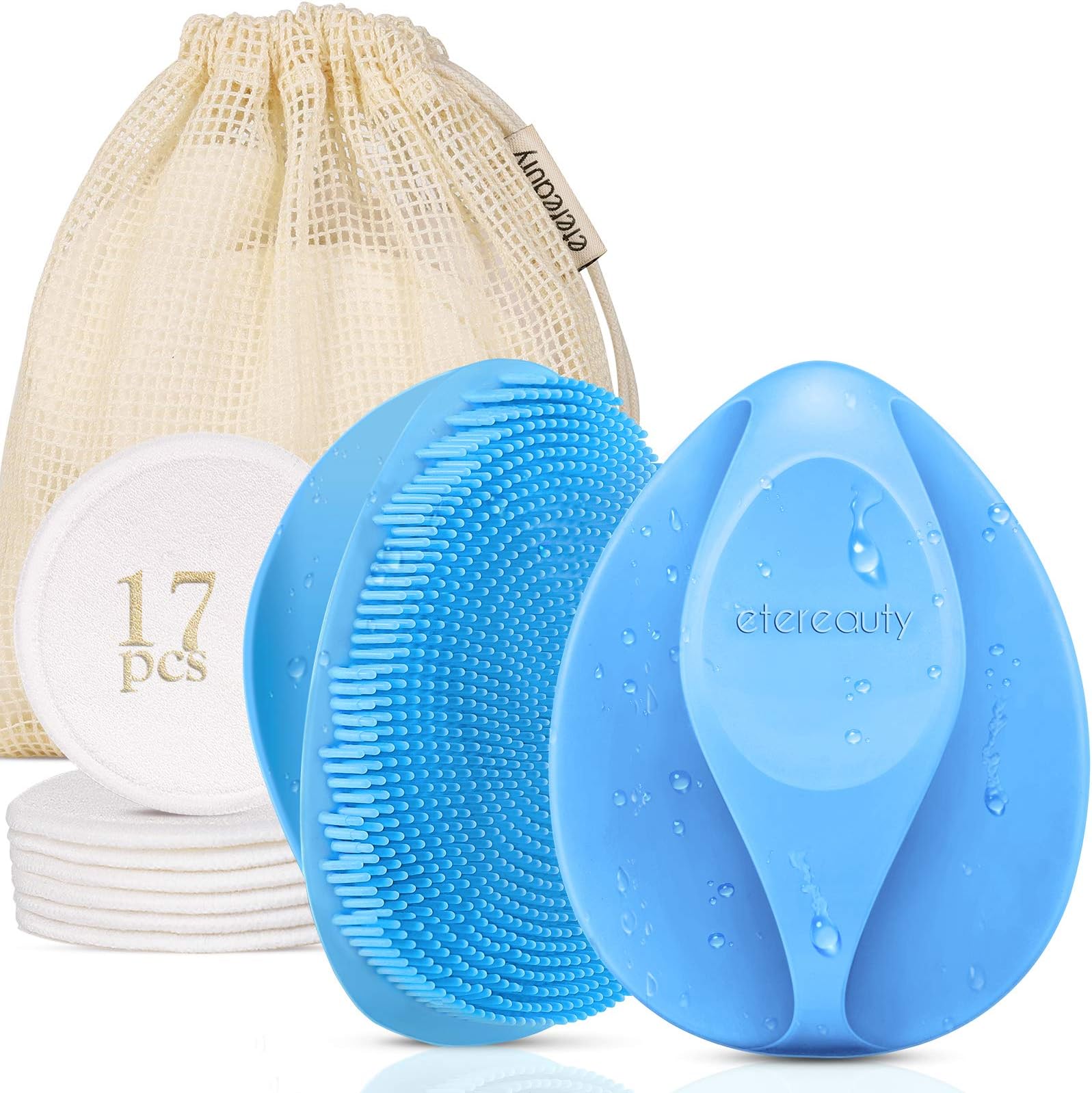1 Silicone Face Scrubber Brush & 16 Pack Reusable Cotton Rounds, 【2021 Newest】ETEREAUTY Manual Facial Cleanser Cleansing Brush Pmd Eco-Friendly Makeup Remover Pads for Exfoliating & Massage Pore