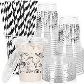 FYSUIMU 50Pcs Western Plastic Cups with Lids and Straws Black Cowboy Hat Boots Horseshoe Clear Plastic Cup 12oz Disposable Cup for Western Birthday Party Supplies