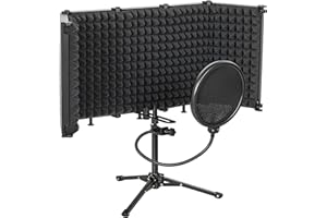 HOMCOM Studio Microphone Isolation Shield with Pop Filter and Tripod Stand, Foldable Recording Studio Equipment with 3/8" Thr