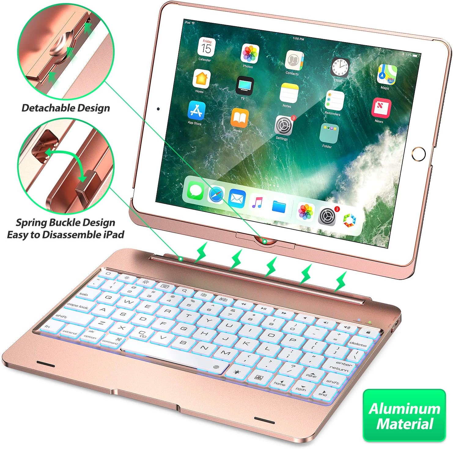 Keyboard Case Compatible with iPad 2018 (6th Gen), iPad 2017 (5th Gen), iPad Pro 9.7," and iPad Air 1 and 2 - Features Detachable Design, Rotating Hinge and Adjustable Backlight (Rose Gold)
