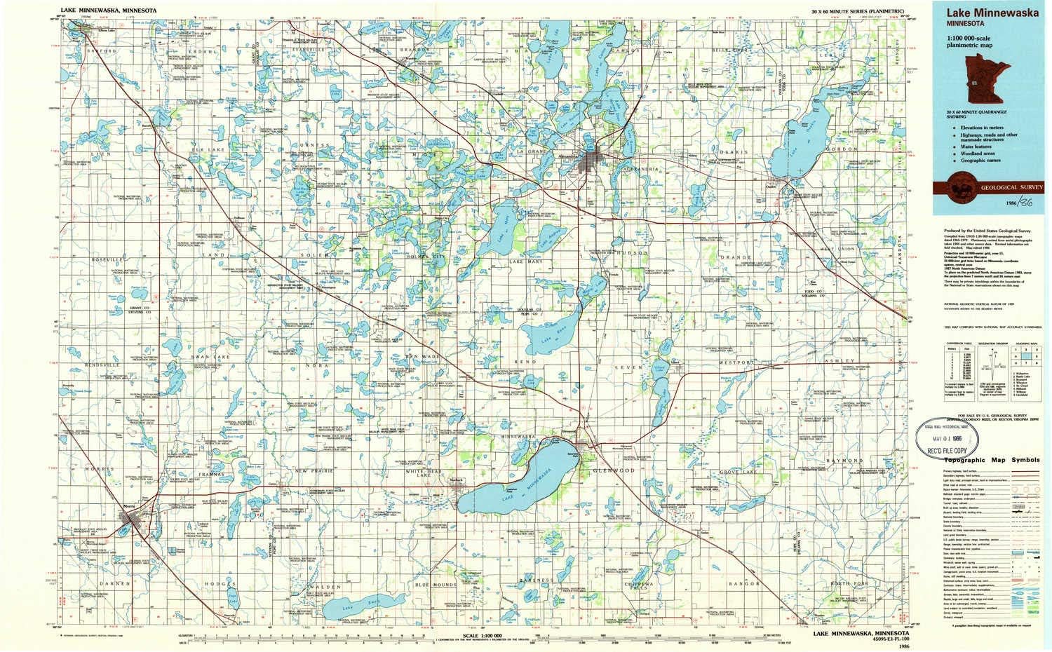 YellowMaps Lake Minnewaska MN topo map, 1:100000 Scale, 30 X 60 Minute, Historical, 1986, Updated 1986, 23.6 x 38 in