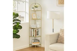 Homhedy 5-Tier Corner Shelf Stand, Metal Corner Bookshelf, Tempered Glass Shelves, Bathroom Storage Rack Shelf, Plant Stand, Modern Style, Golden