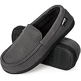 HomeTop Men's Comfort Memory Foam Moccasin Slippers, Breathable Cotton Knit Terry Cloth House Shoes for Indoor Outdoor