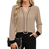 Fayenne Womens Tops Dressy Casual V Neck Color Block Business Casual Blouses Long Sleeve Work Shirts Fall Trendy Clothes