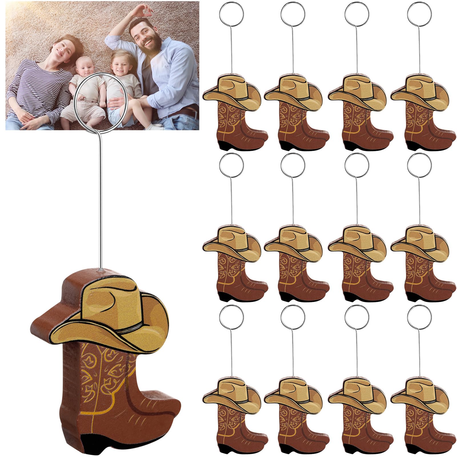 Photo 1 of Teenyyou 12 Pcs Cowboy Boots Table Number Holders Wooden Photo Balloon Place Card Holder Cute Cowboy Picture Number Sign Stands for Western Party Birthday Wedding Party Event(Brown)