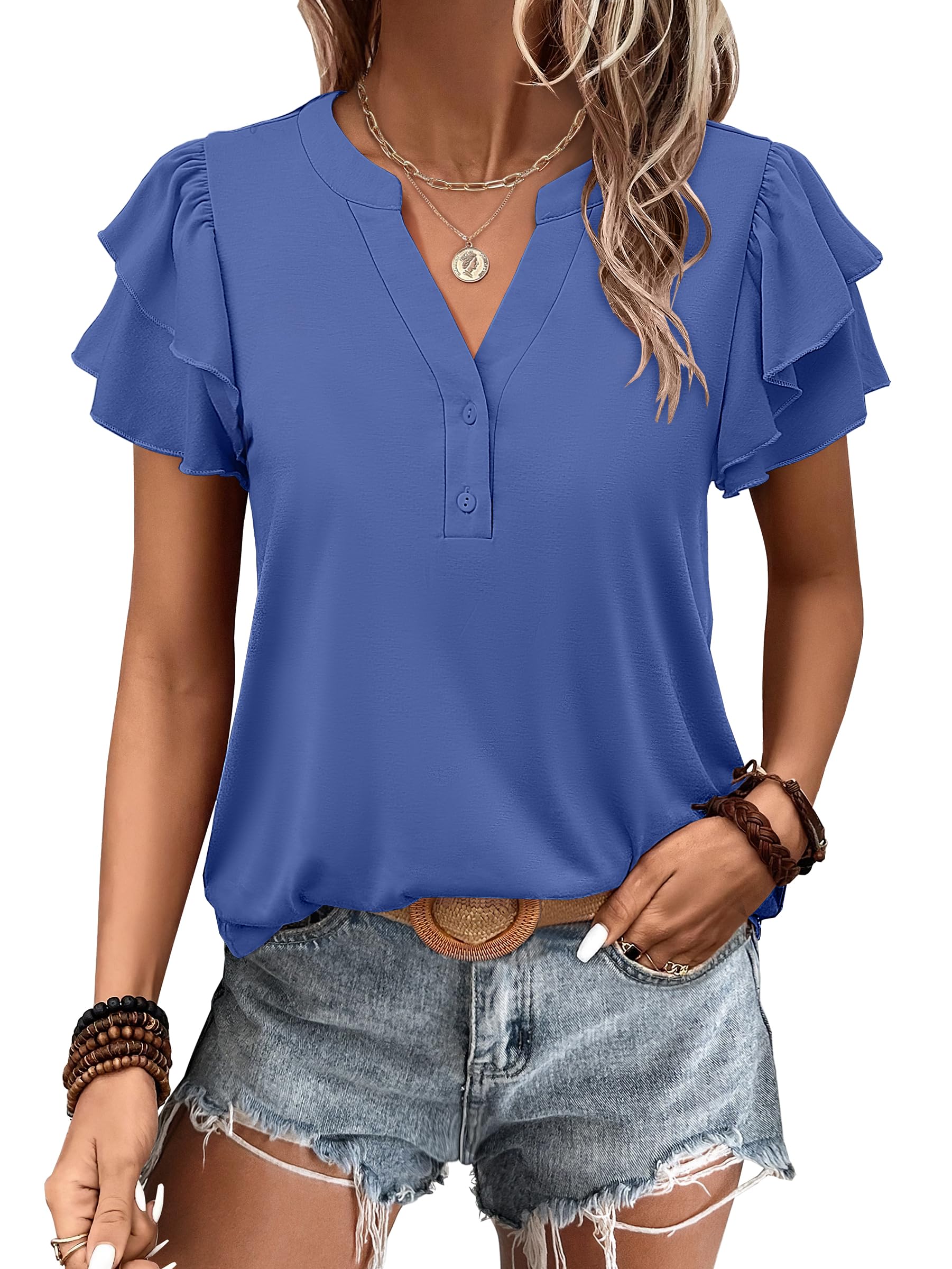 ANRABESS Womens Tops Dressy Casual Ruffle Short Sleeve V Neck Blouses ...