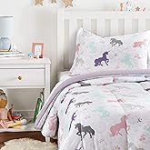 Amazon Basics 2-Piece Soft Easy-Wash Microfiber Kid's Comforter and Pillow Sham Set, Twin, Purple Unicorns, Animal Printed