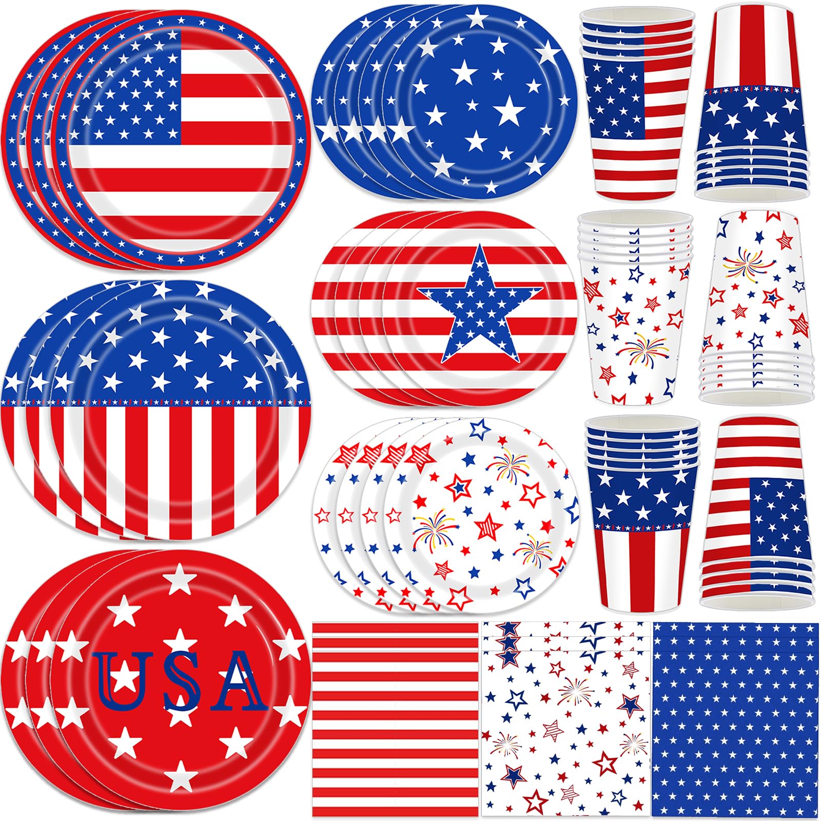 Photo 1 of 120 PCS 4th of July Party Supplies Plates Set,Patriotic American Flag Tableware Include Plates,Napkins and Cups for Veterans Day Election Day 4th of July Independence Day Decorations(Serve 30)