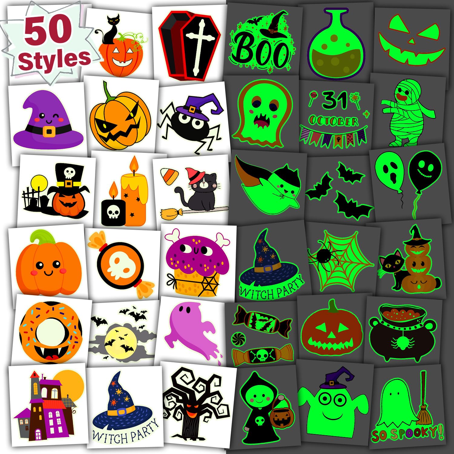 Glow Halloween Kids Party Decorations, Individually Cut Halloween Tattoos for Trick or Treat Party Supplies and Gifts, Halloween Goodie Bag Stuffers Fillers (50 Styles)