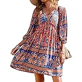 BTFBM Women Casual Spring Summer Dresses V Neck 3/4 Long Sleeve Ruffle Floral Flowy Boho Babydoll Mini Short Beach Dress