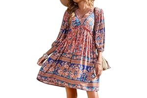 BTFBM Women Casual Spring Summer Dresses V Neck 3/4 Long Sleeve Ruffle Floral Flowy Boho Babydoll Mini Short Beach Dress