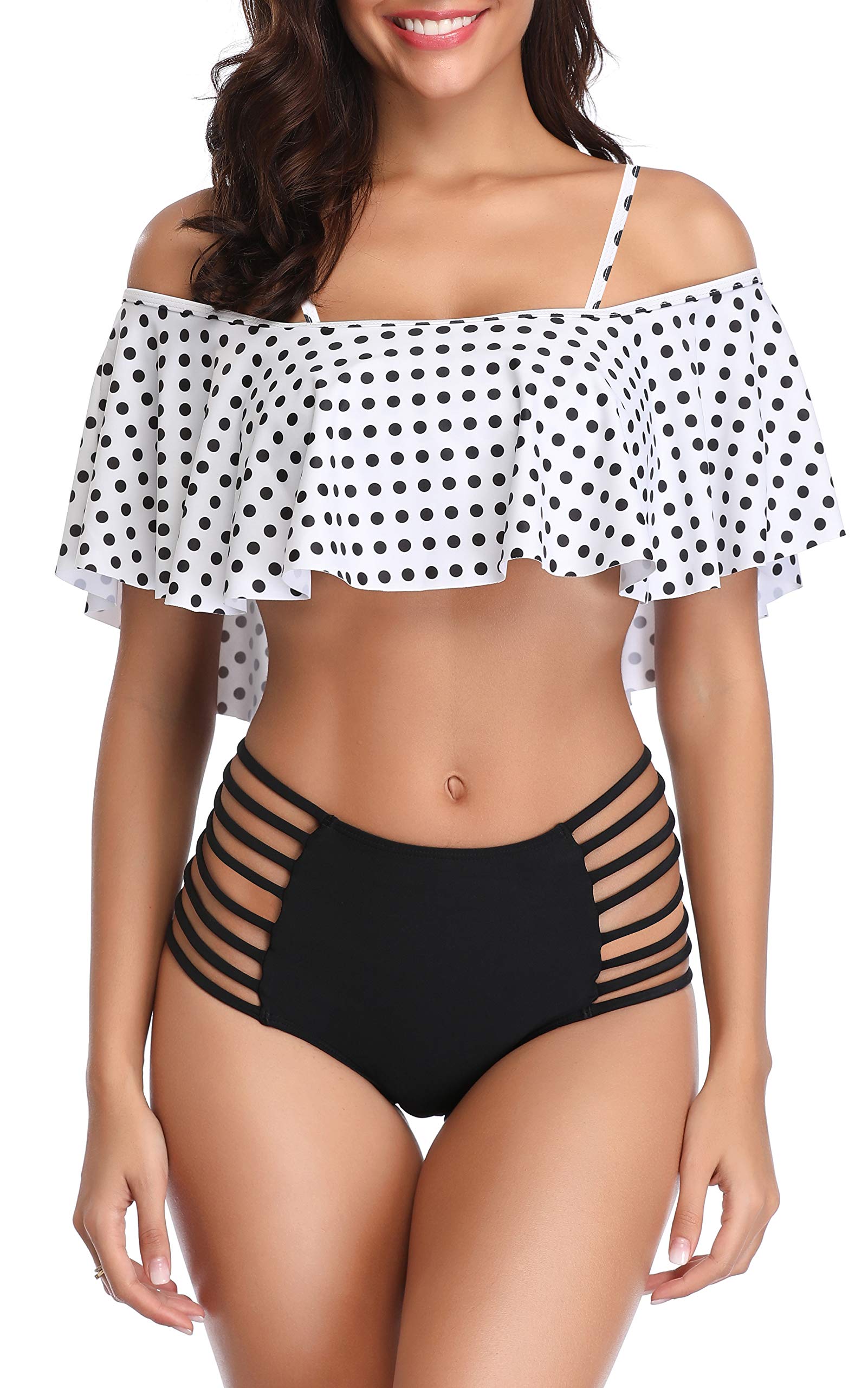 Temptme Apparel Women Off Shoulder Ruffle Two Piece Swimsuit Swimwear Cut Out Bikini Set Bathing Suit Polka Dot M