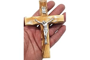 Zuluf 4.7" Olive Wood Catholic Wall Crucifix Silver Jesus Cross Handmade Christian Faith Gift from Jerusalem CRS058