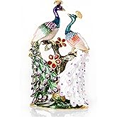 SEVENBEES Hand Painted Pair of Peacocks Figurine Enamel Hinged Jewelry Trinket Box