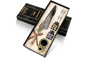 Aifeiter Feather Pen ink Set,Calligraphy Pen Set,Includes:Quill Pen,2 Bottles of Color ink,2 in one Holder,4 Stainless Steel Nibs,Black Gift Box-Grey
