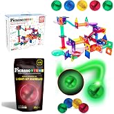 PicassoTiles 100PC Marble Run Race Track + 4PC LED Light-Up Glow in The Dark Translucent Balls: STEAM Educational Playset for Kids - Fun Learning Construction Toy, Creative Design, Sensory Development