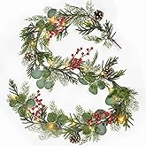 6 Ft Prelit Christmas Cedar Garland, Real Touch Christmas Garland with Lights, Realistic Soft Cypress & Eucalyptus Pine, Red Berries Pinecones,Battery Operated Garlands for Fireplace Mantle Table
