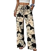 Sampeel Wide Leg Pants for Women Flowy Palazzo Drawstring Elastic Waist Trousers with Pockets Summer Beach Vacation Clothes