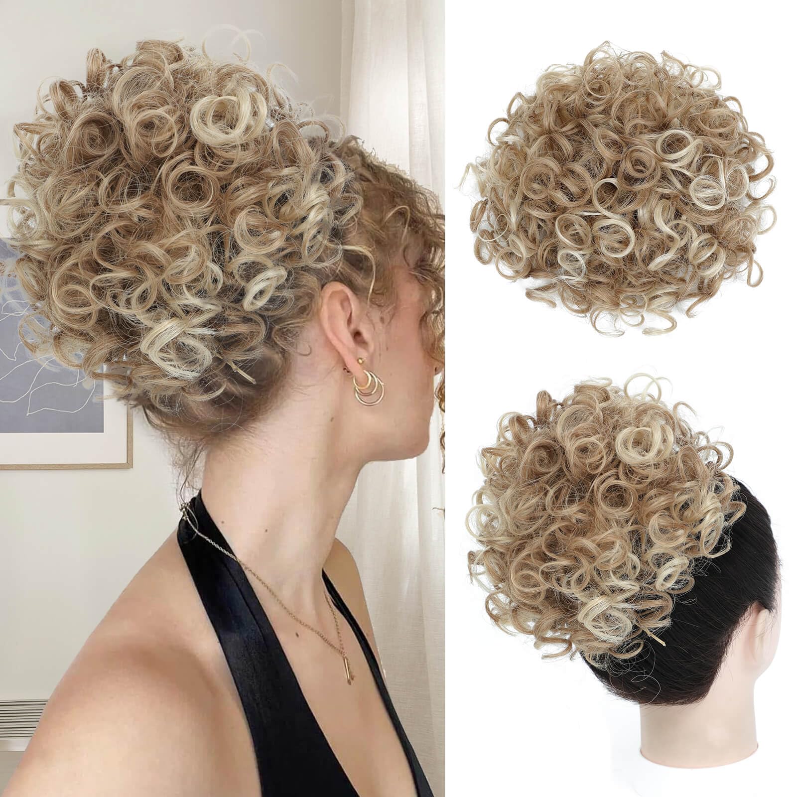 Flyroseing Elastic Drawstring Messy Bun Hair Piece, Short Curly Hair Bun Extensions, Blonde with Highlights Synthetic Fake Curly Hairpiece Clip for Women
