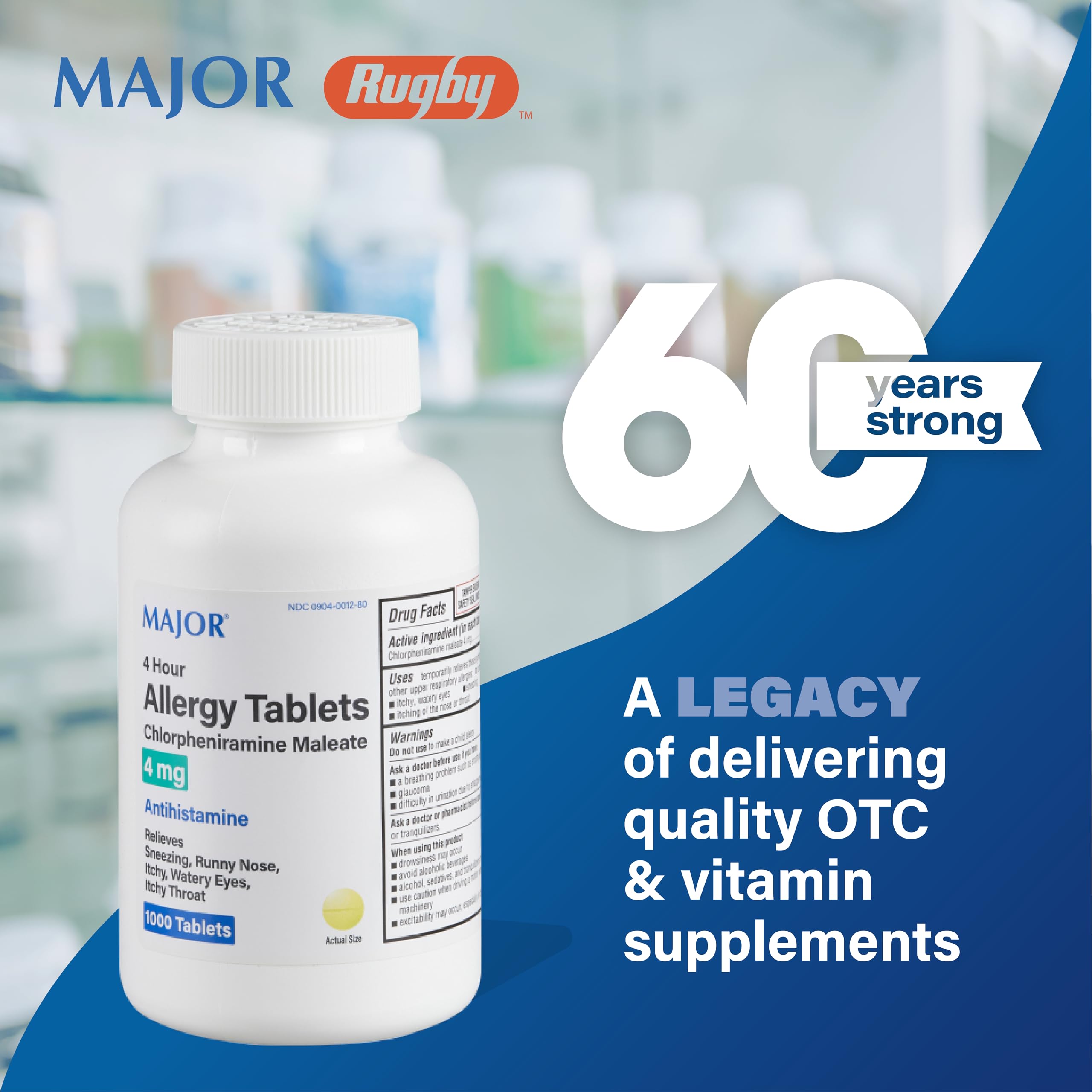 MAJOR 4 Hour Allergy Tablets - Chlorpheniramine Maleate - 4 mg - Antihistamine - 1000 Count
