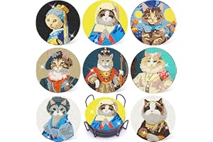 Puraikcmi 8PCs Diamond Paintings Coasters Kits Set, Funny Cat Diamond Art Coasters with Holder, DIY Crafts Diamond Art Kits Adult Craft Diamond Dots Gift