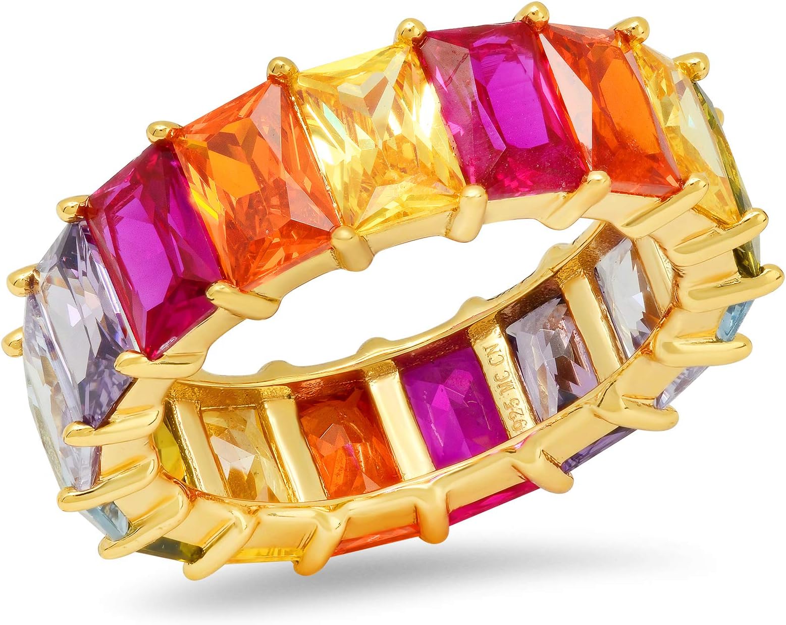 Emerald Baguette Cut Multi-Rainbow-Color CZ Thick Stacking/Statement/Eternity Ring in Sterling Silver with Yellow Gold Overlay