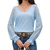 Women's Long Sleeve Lace Shirt V-Neck Bell Sleeve Blouse Elegant Blusas for Women Fall Fashion Tops S-XXL